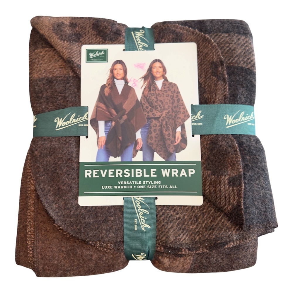 Woolrich Reversible Wrap Brown Plaid Leopard Print Green Label One Size NEW
